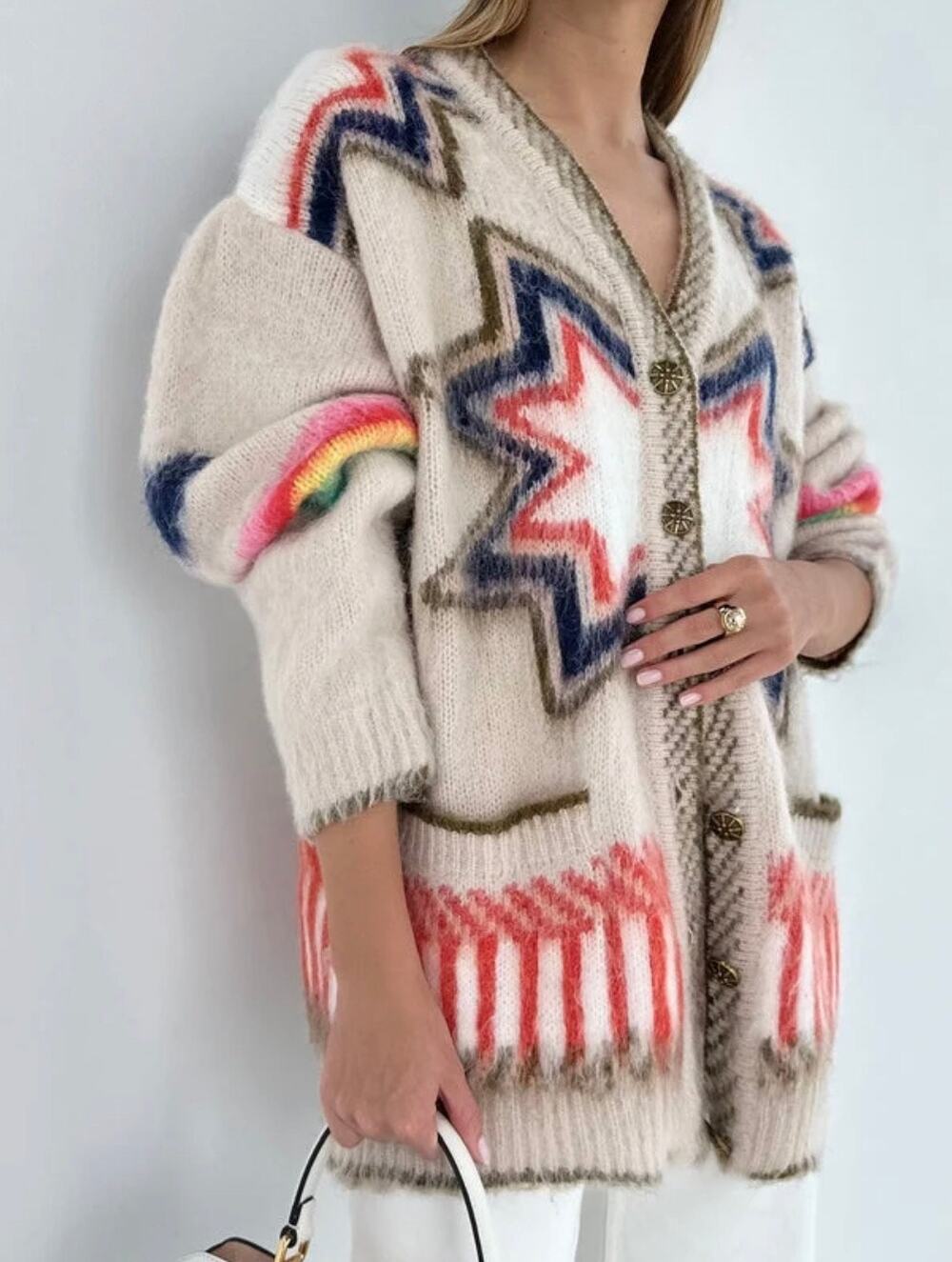 Commense Caesars Palace Knit Fuzzy Oversized Star Cardigan Sweater in Size L
